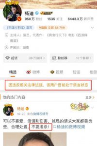 ​杨迪社媒账号被封杀禁言 杨迪怎么了为什么被平台封？